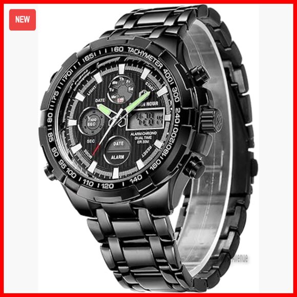 Men's Stainless Steel Chronograph Watch Waterproof Digital Analog Sport